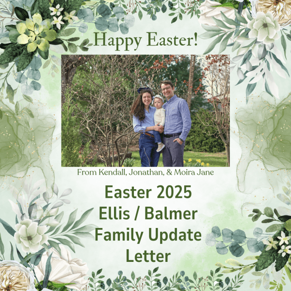 Easter picture of Kendall, Jonathan, and Mj outside in front of plants and trees just beginning to bloom.